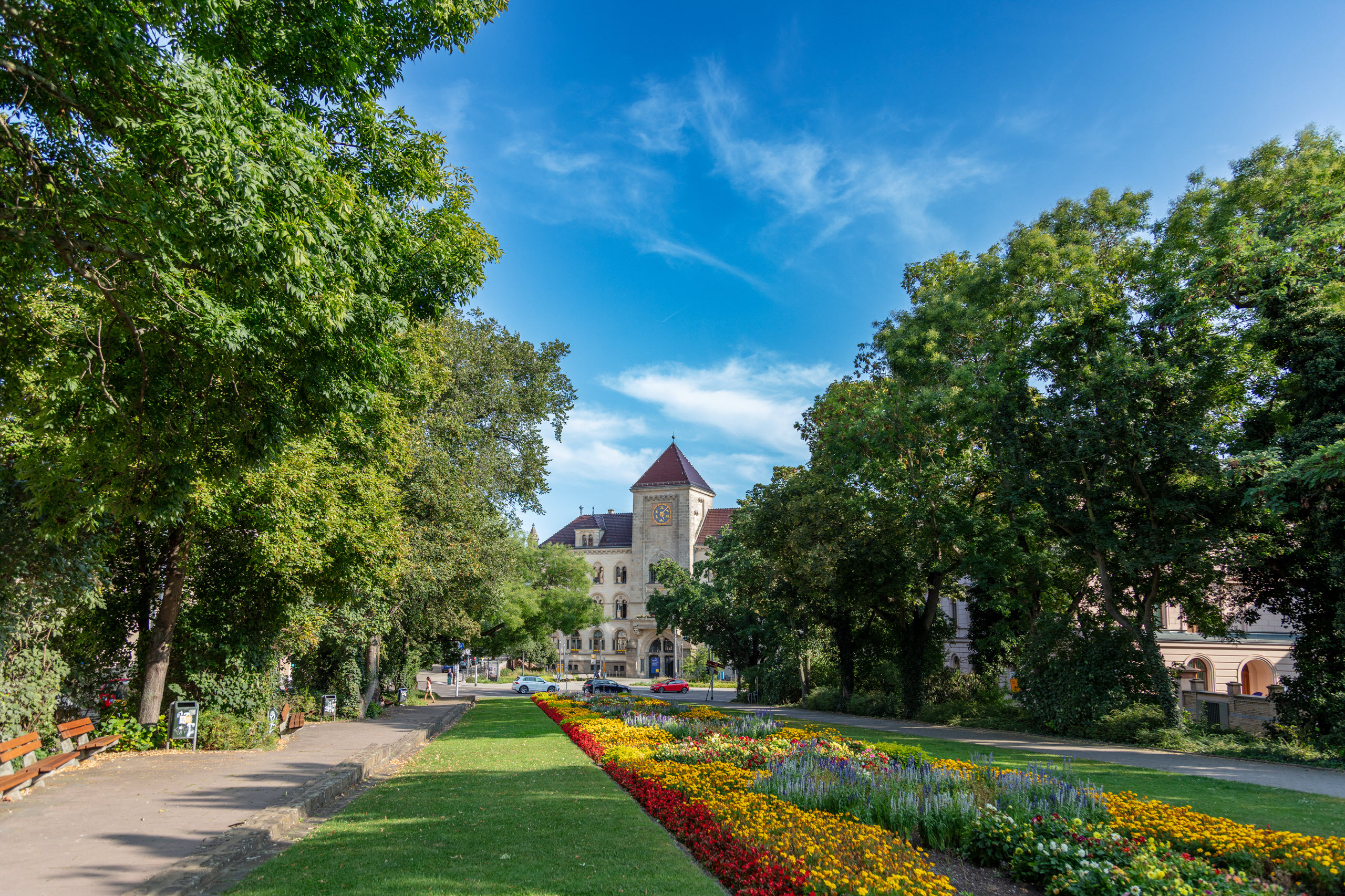 Stadtpark Halle mit historischem Gebäude und farbenfrohen Blumenbeeten